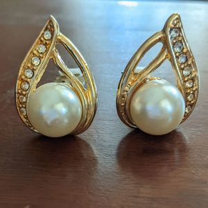 Pearl & Rhinestone Gold Earrings Clip On